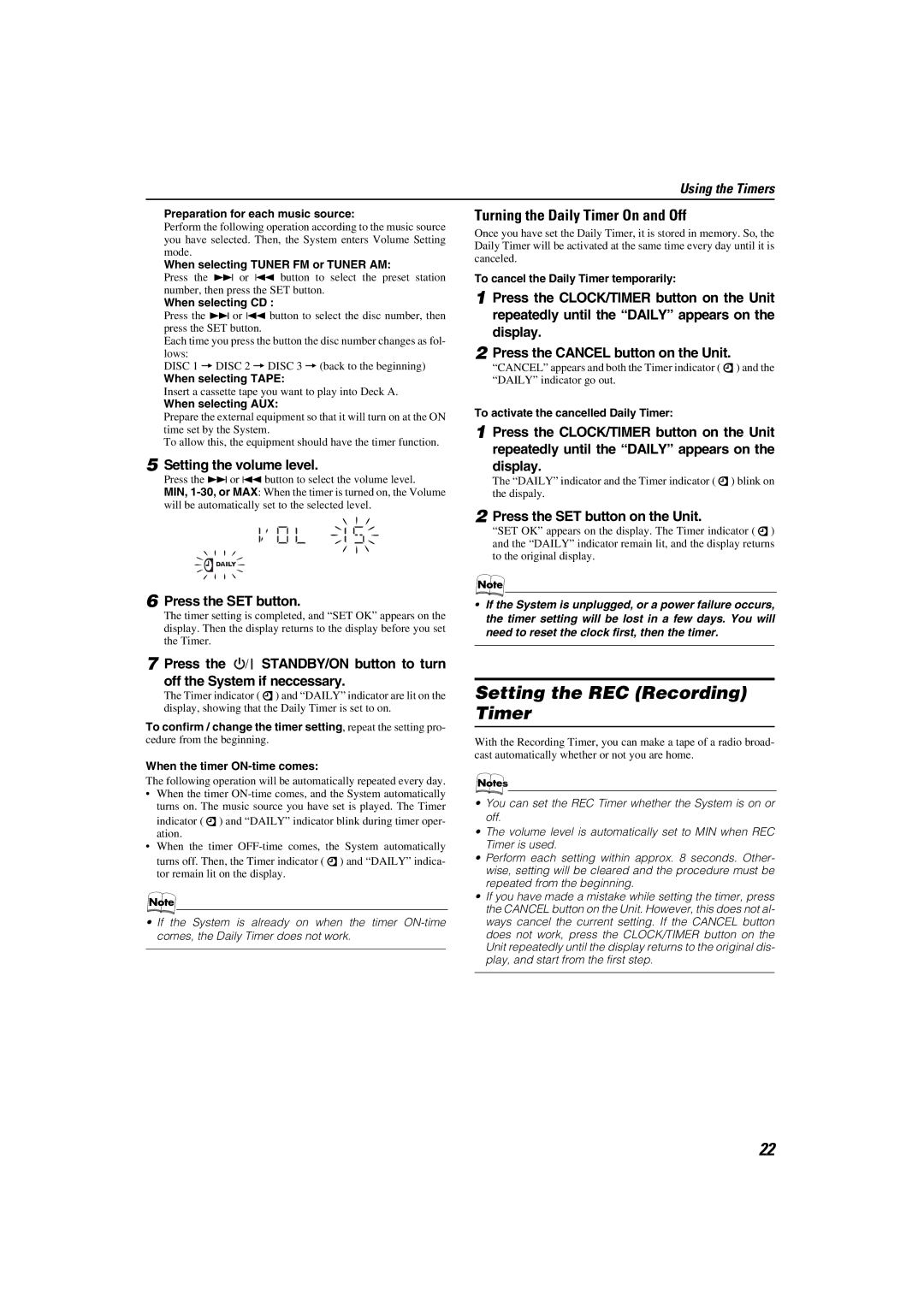 JVC CA-MXKB1 manual Setting the REC Recording Timer, Turning the Daily Timer On and Off, Setting the volume level, Display 