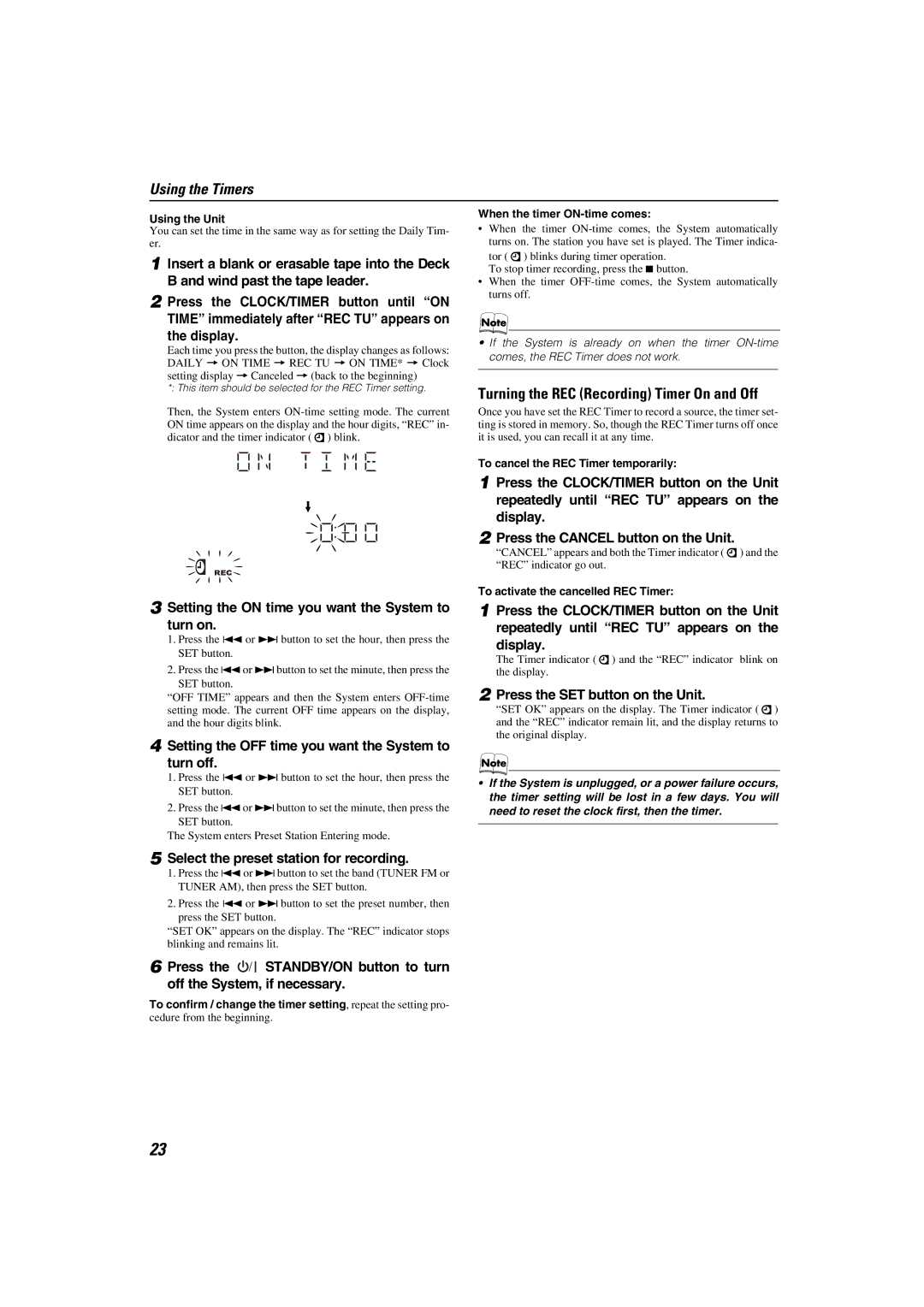 JVC CA-MXKB2, CA-MXKB1 manual Turning the REC Recording Timer On and Off, Setting the on time you want the System to turn on 