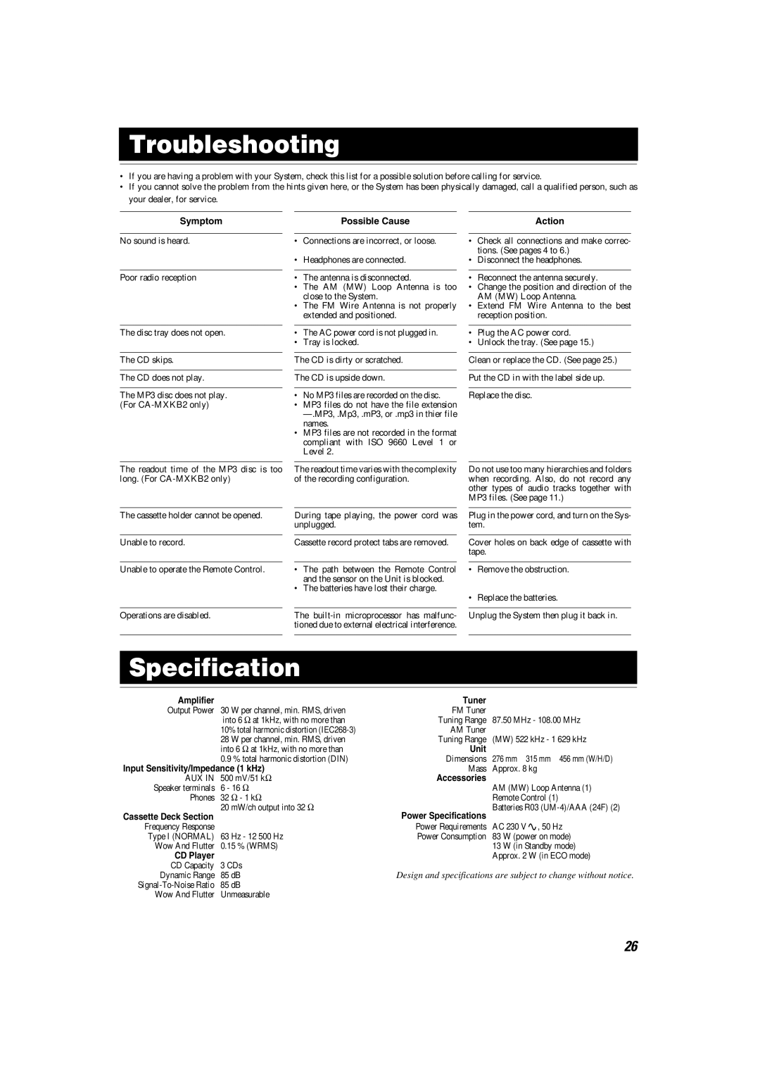 JVC CA-MXKB1, CA-MXKB2 manual Troubleshooting, Specification 