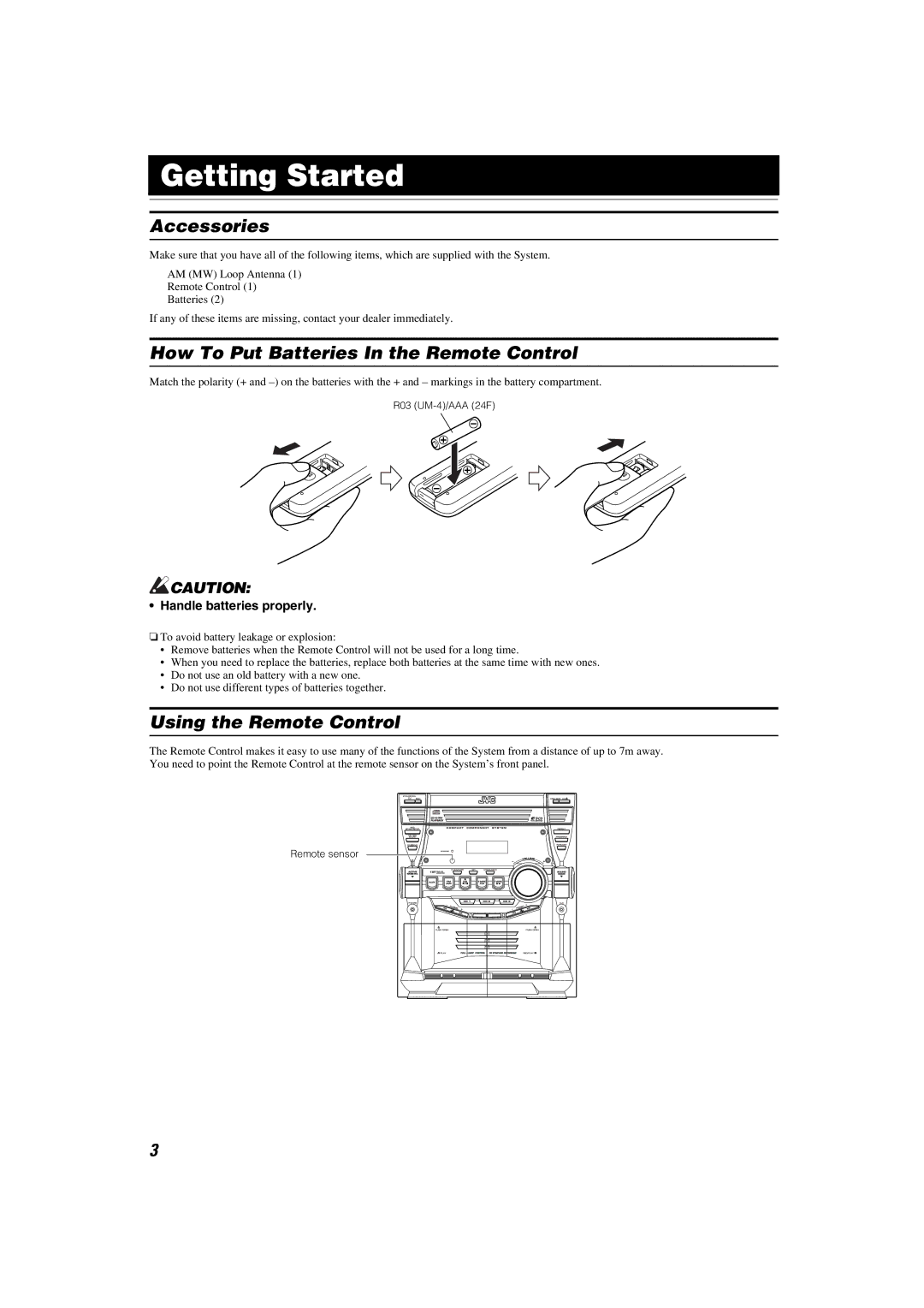 JVC CA-MXKB2, CA-MXKB1 Getting Started, Accessories, How To Put Batteries In the Remote Control, Using the Remote Control 