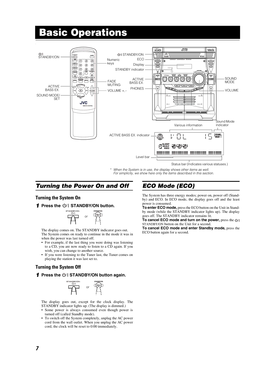 JVC CA-MXKB25 Basic Operations, Turning the Power On and Off, ECO Mode ECO, Turning the System On, Turning the System Off 