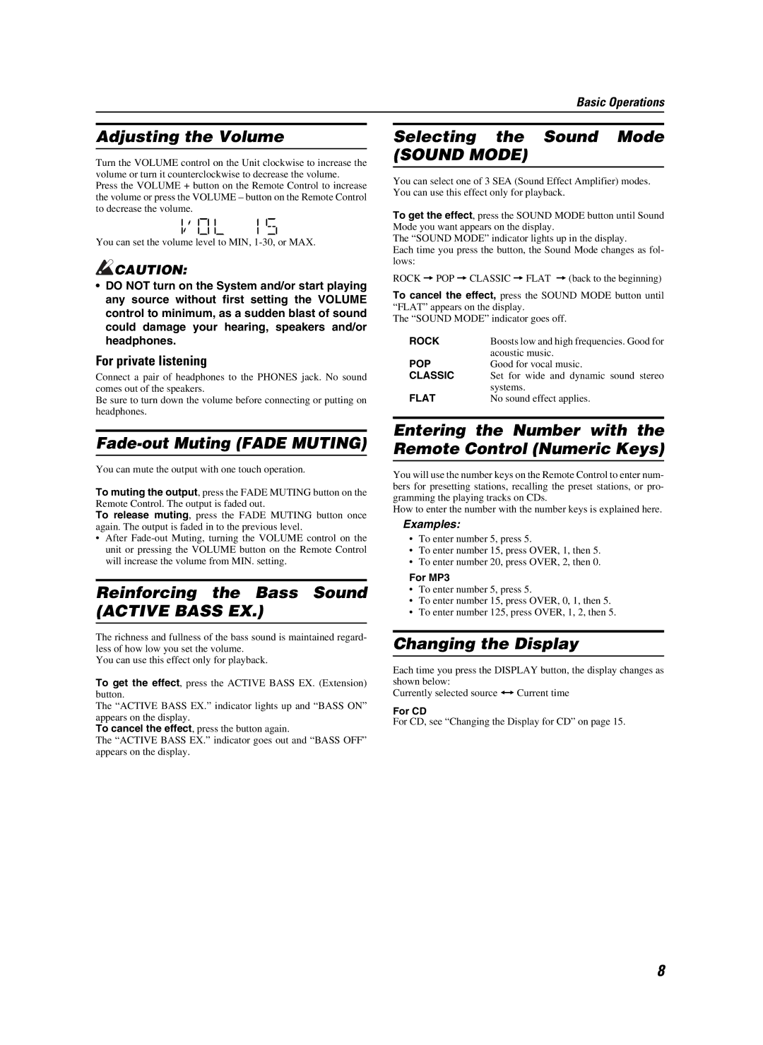 JVC CA-MXKB25 manual Adjusting the Volume, Fade-out Muting Fade Muting, Reinforcing the Bass Sound Active Bass EX 