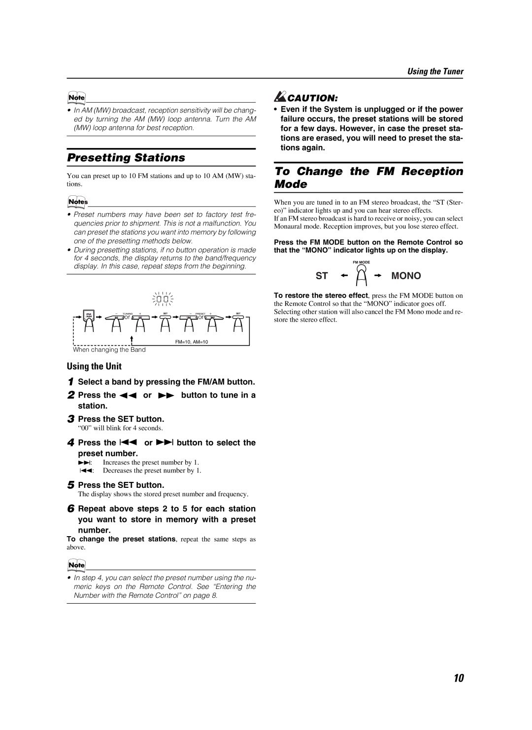 JVC CA-MXKB25 manual Presetting Stations, To Change the FM Reception Mode, Using the Unit, Station Press the SET button 