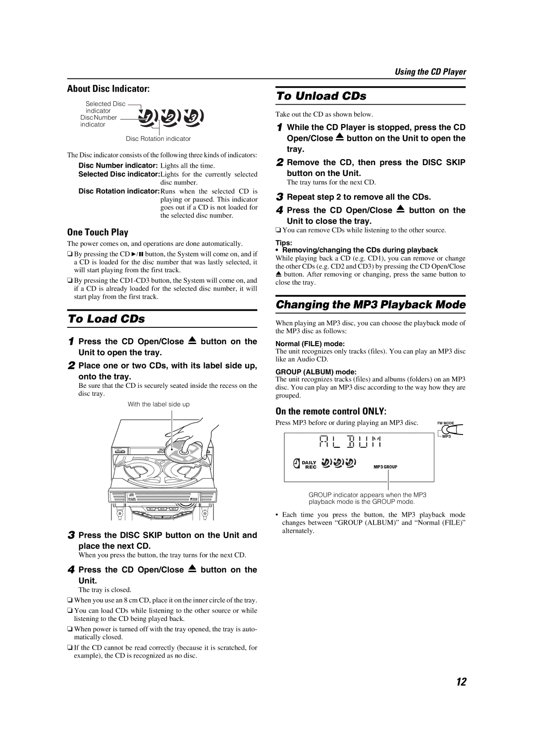 JVC CA-MXKB25 manual To Load CDs, To Unload CDs, Changing the MP3 Playback Mode 