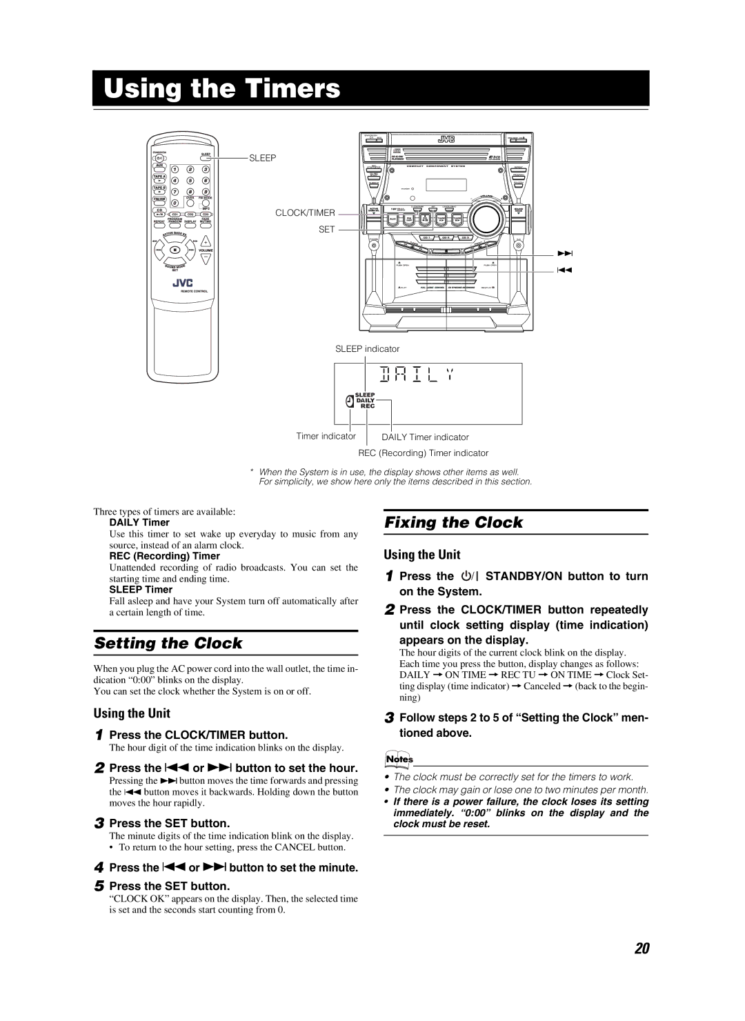 JVC CA-MXKB25 manual Using the Timers, Setting the Clock, Fixing the Clock 