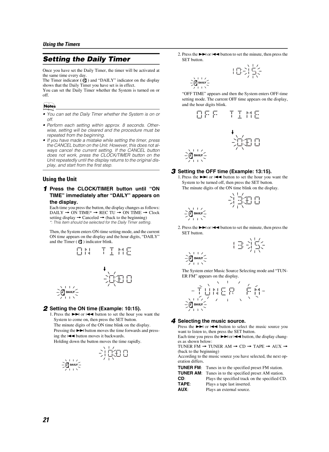 JVC CA-MXKB25 manual Setting the Daily Timer, Setting the OFF time Example, Setting the on time Example 