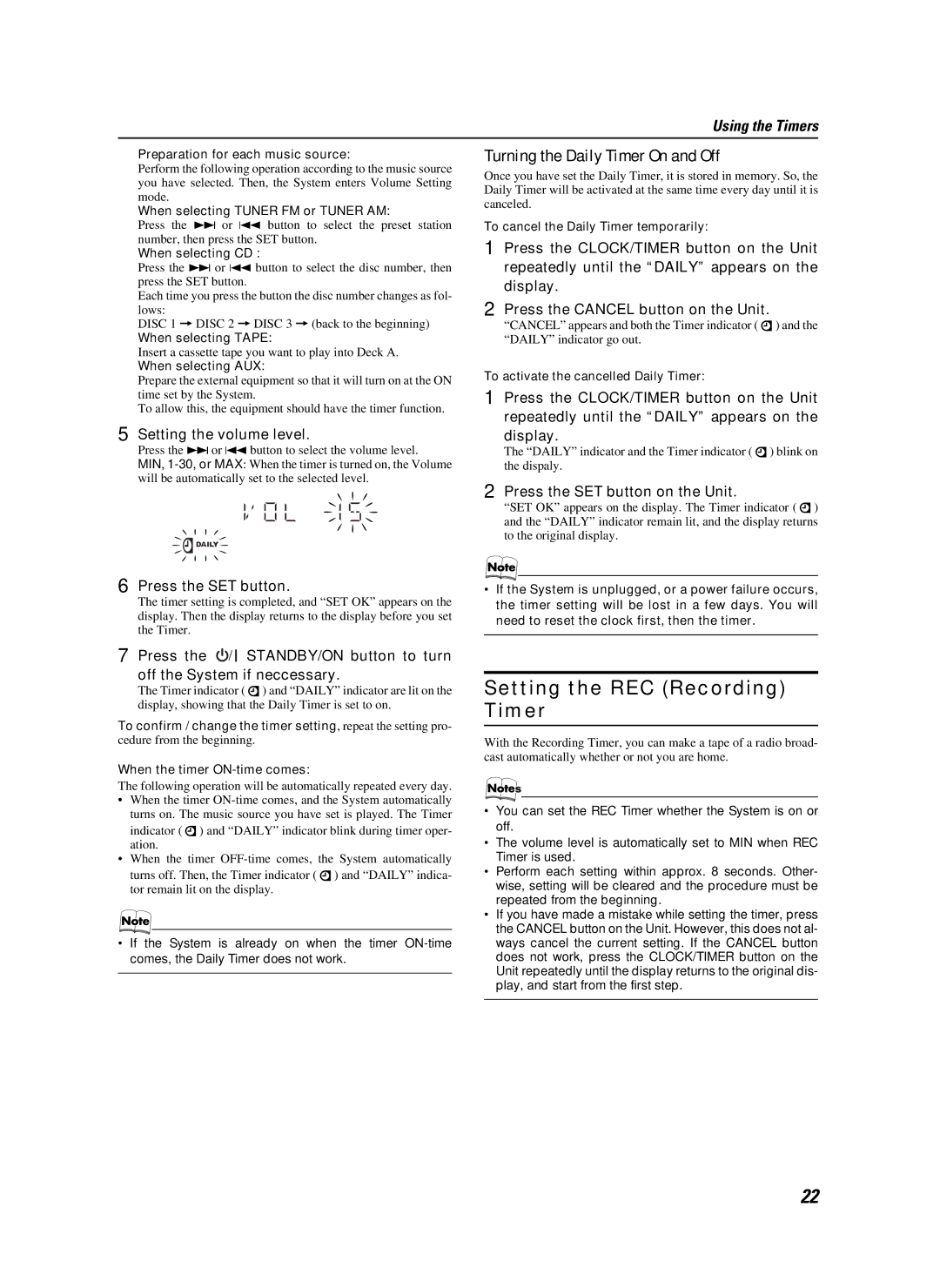 JVC CA-MXKB25 manual Setting the REC Recording Timer, Turning the Daily Timer On and Off, Setting the volume level 