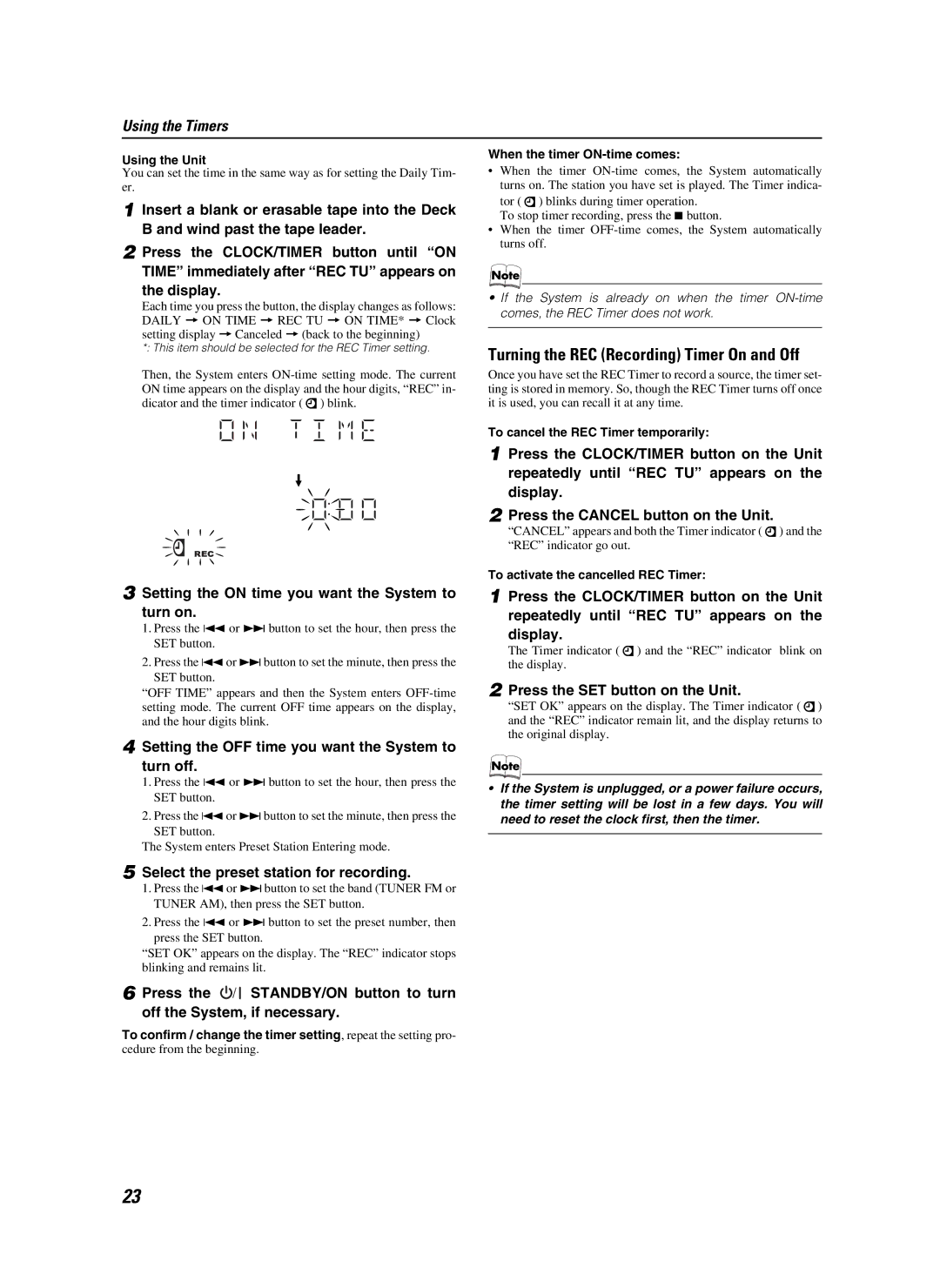 JVC CA-MXKB25 manual Turning the REC Recording Timer On and Off, Setting the on time you want the System to turn on 