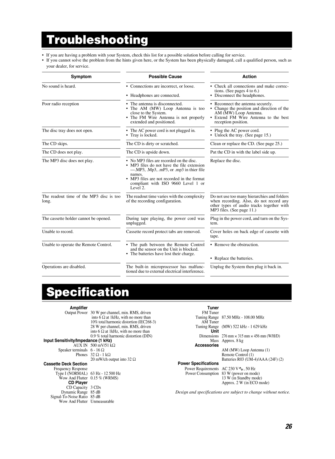 JVC CA-MXKB25 manual Troubleshooting, Specification 