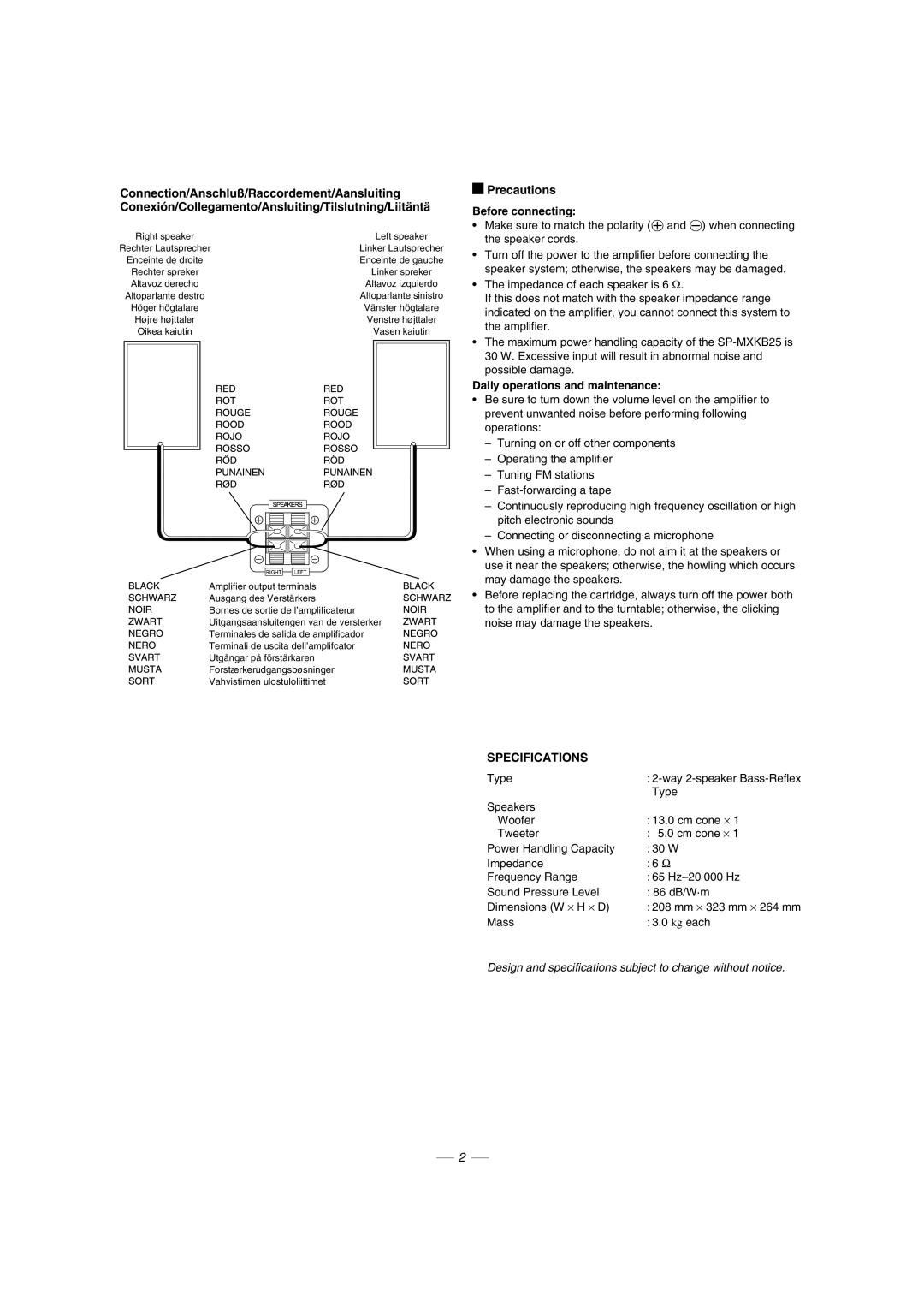 JVC CA-MXKB25 manual Precautions, Specifications, Before connecting, Daily operations and maintenance 