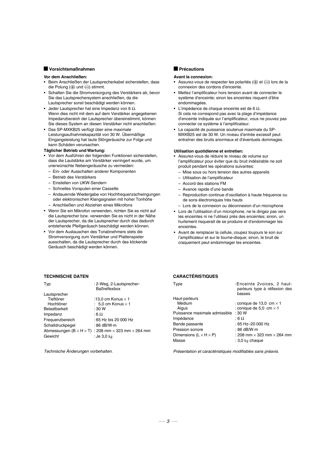 JVC CA-MXKB25 manual Vorsichtsmaßnahmen, Précautions, Technische Daten, Caractéristiques 