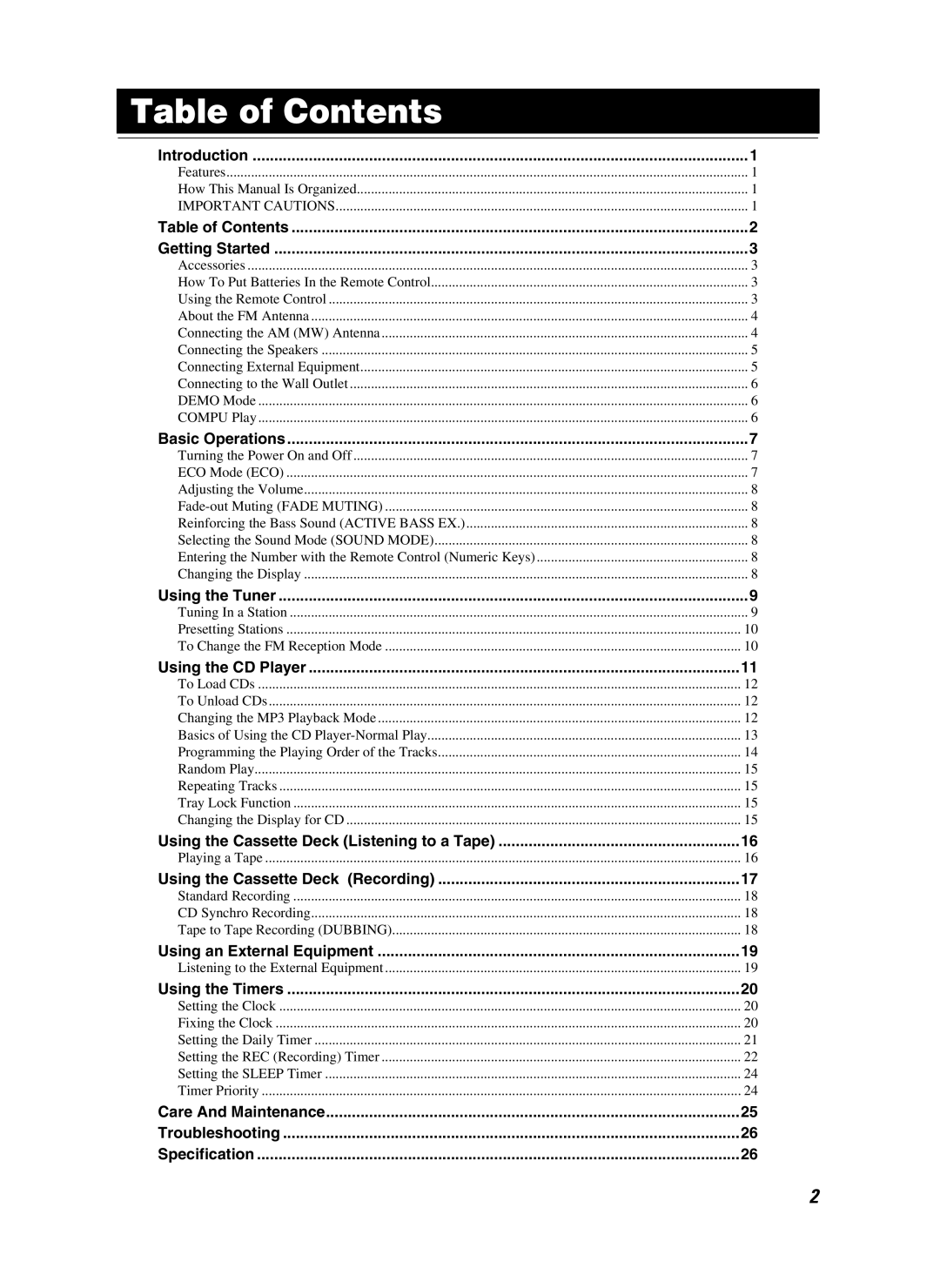 JVC CA-MXKB25 manual Table of Contents 