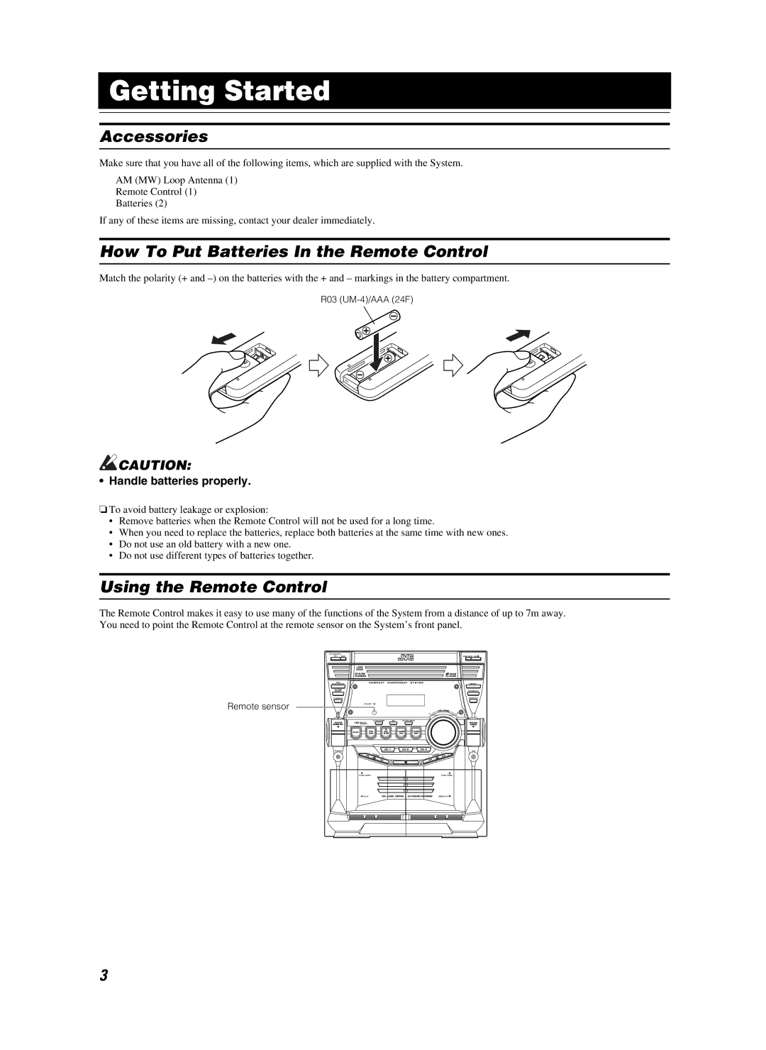 JVC CA-MXKB25 manual Getting Started, Accessories, How To Put Batteries In the Remote Control, Using the Remote Control 