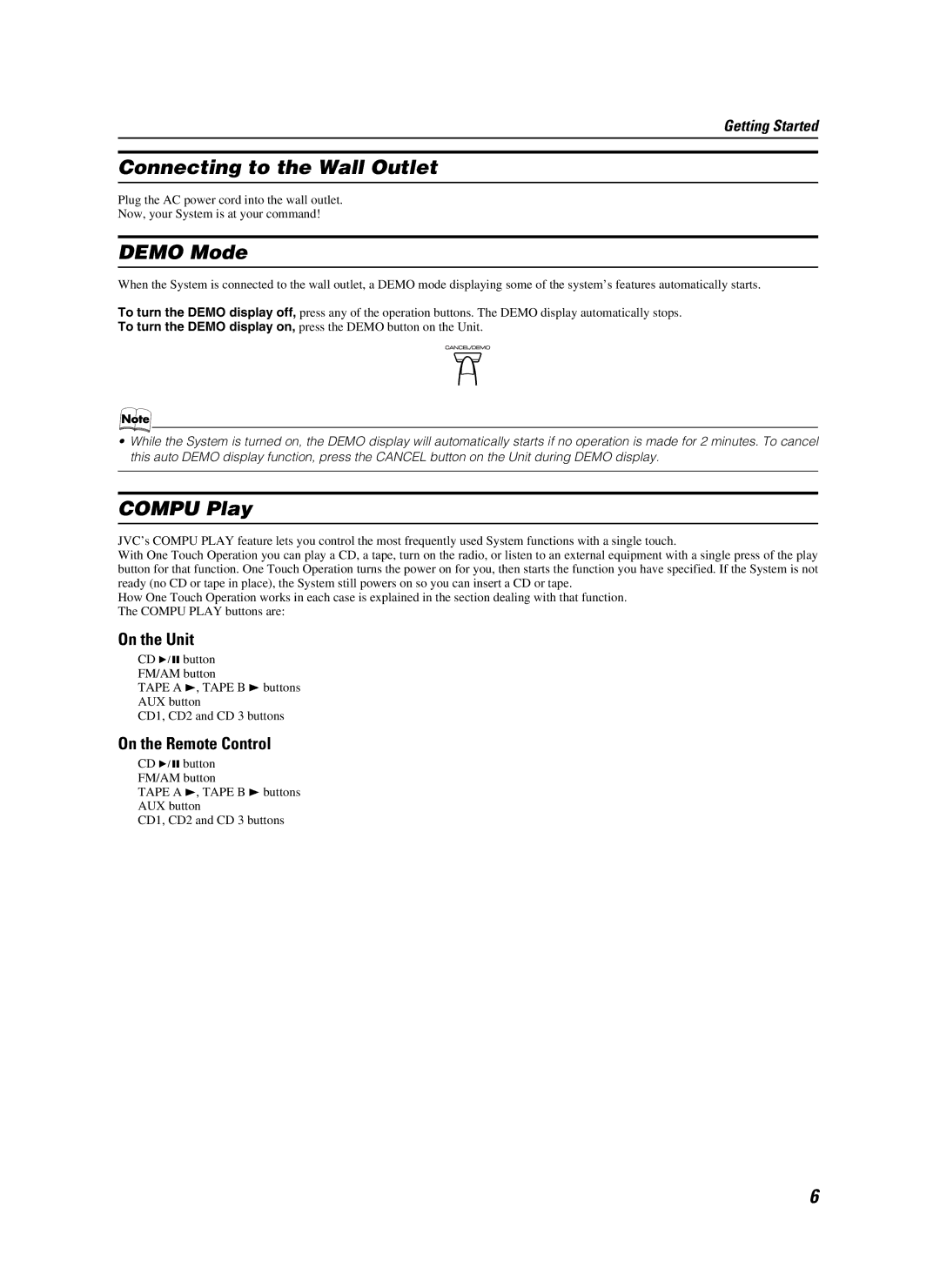 JVC CA-MXKB25 manual Connecting to the Wall Outlet, Demo Mode, Compu Play, On the Unit, On the Remote Control 