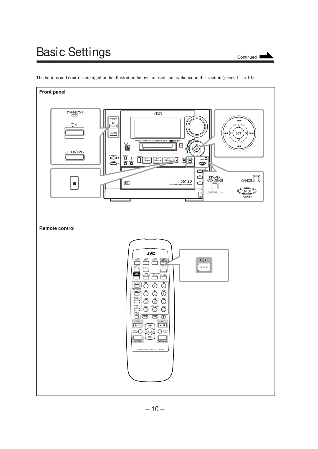 JVC CA-MXS5RMD manual Basic Settings, Remote control 