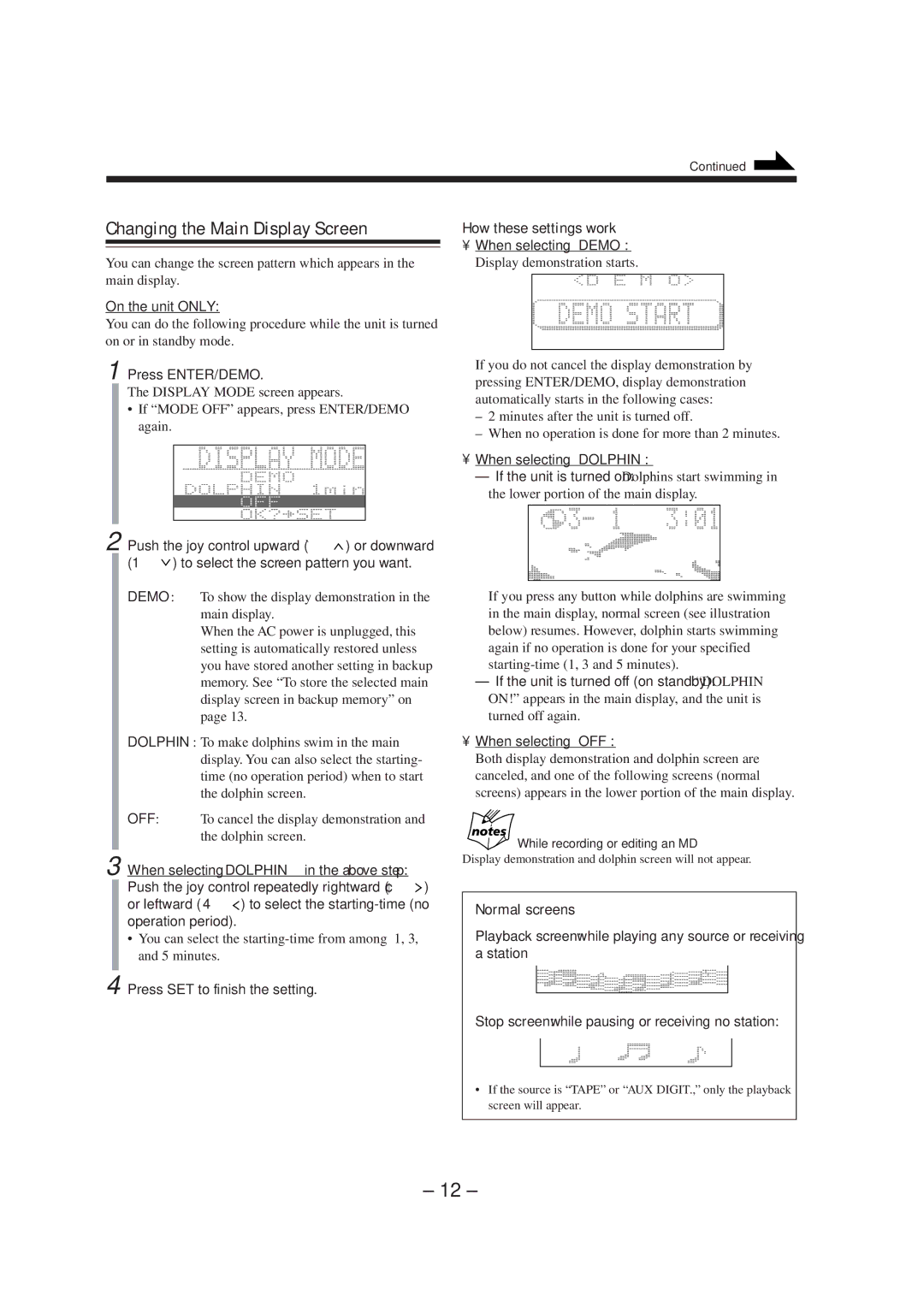 JVC CA-MXS5RMD manual Changing the Main Display Screen, How these settings work, Normal screens 