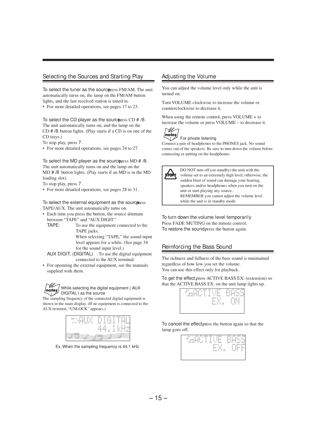 JVC CA-MXS5RMD manual Selecting the Sources and Starting Play, Adjusting the Volume, Reinforcing the Bass Sound 