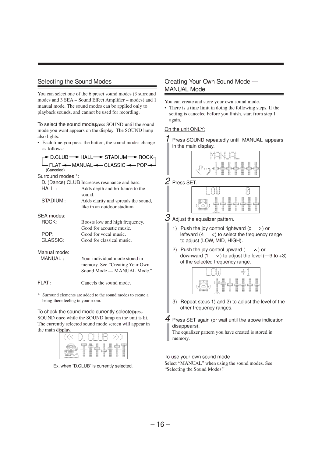 JVC CA-MXS5RMD manual Selecting the Sound Modes, Creating Your Own Sound Mode Manual Mode, To use your own sound mode 