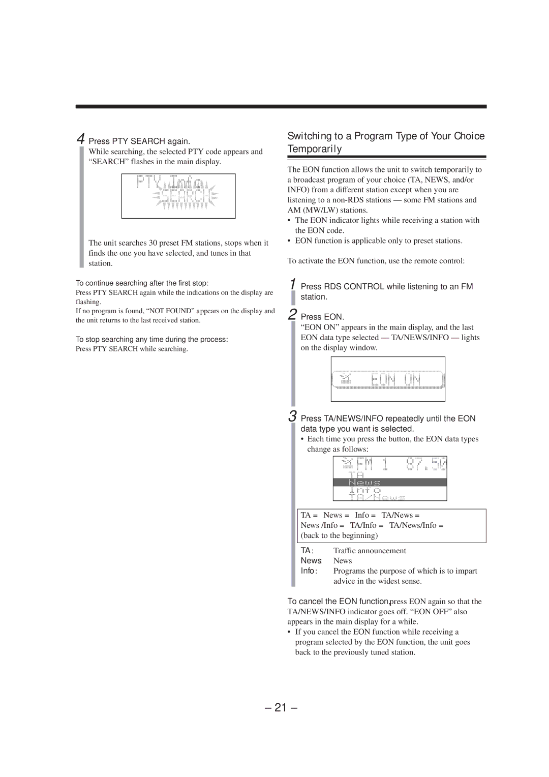 JVC CA-MXS5RMD manual Switching to a Program Type of Your Choice Temporarily, Press PTY Search again, News, Info 