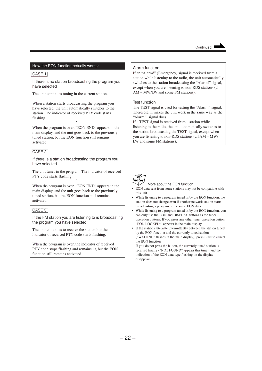 JVC CA-MXS5RMD manual Alarm function, Test function, More about the EON function 