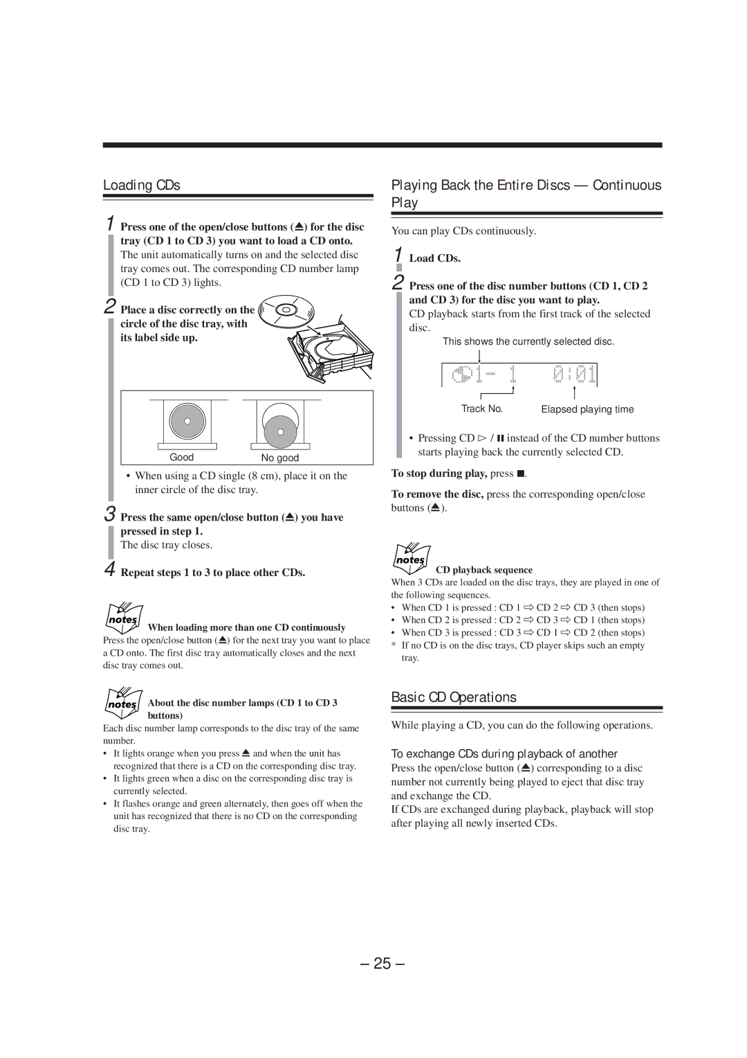 JVC CA-MXS5RMD manual Loading CDs, Playing Back the Entire Discs Continuous Play, Basic CD Operations 