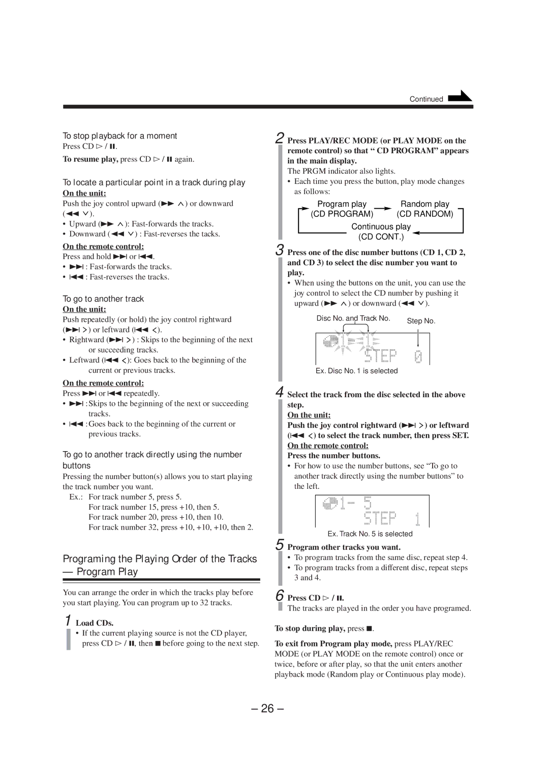 JVC CA-MXS5RMD manual Program Play, To stop playback for a moment, To go to another track 