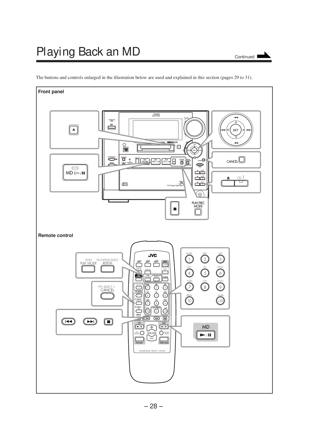 JVC CA-MXS5RMD manual Playing Back an MD 