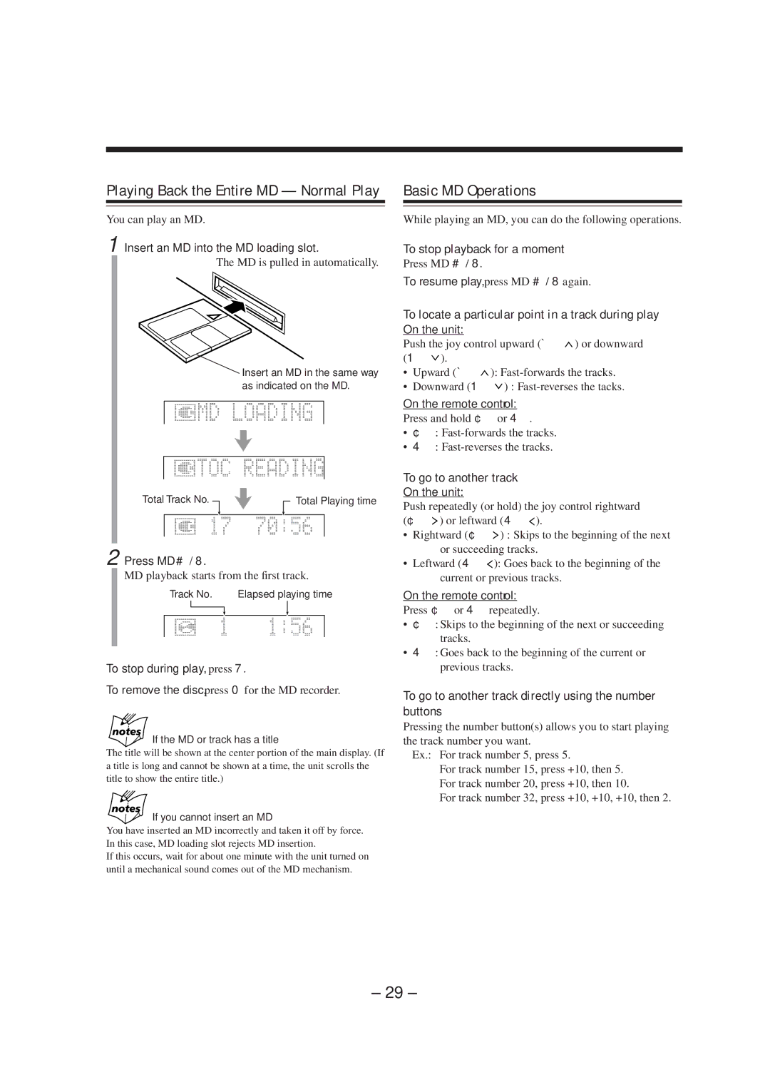 JVC CA-MXS5RMD manual Basic MD Operations, To locate a particular point in a track during play, Press MD # 