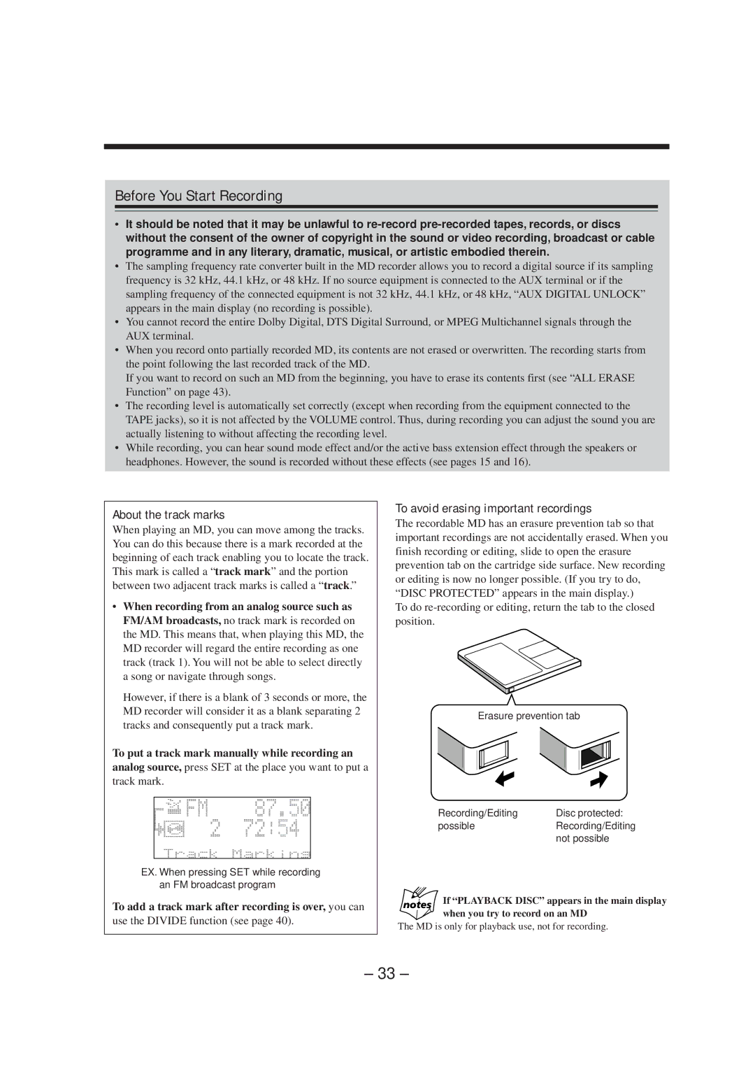 JVC CA-MXS5RMD manual Before You Start Recording, About the track marks, To avoid erasing important recordings 