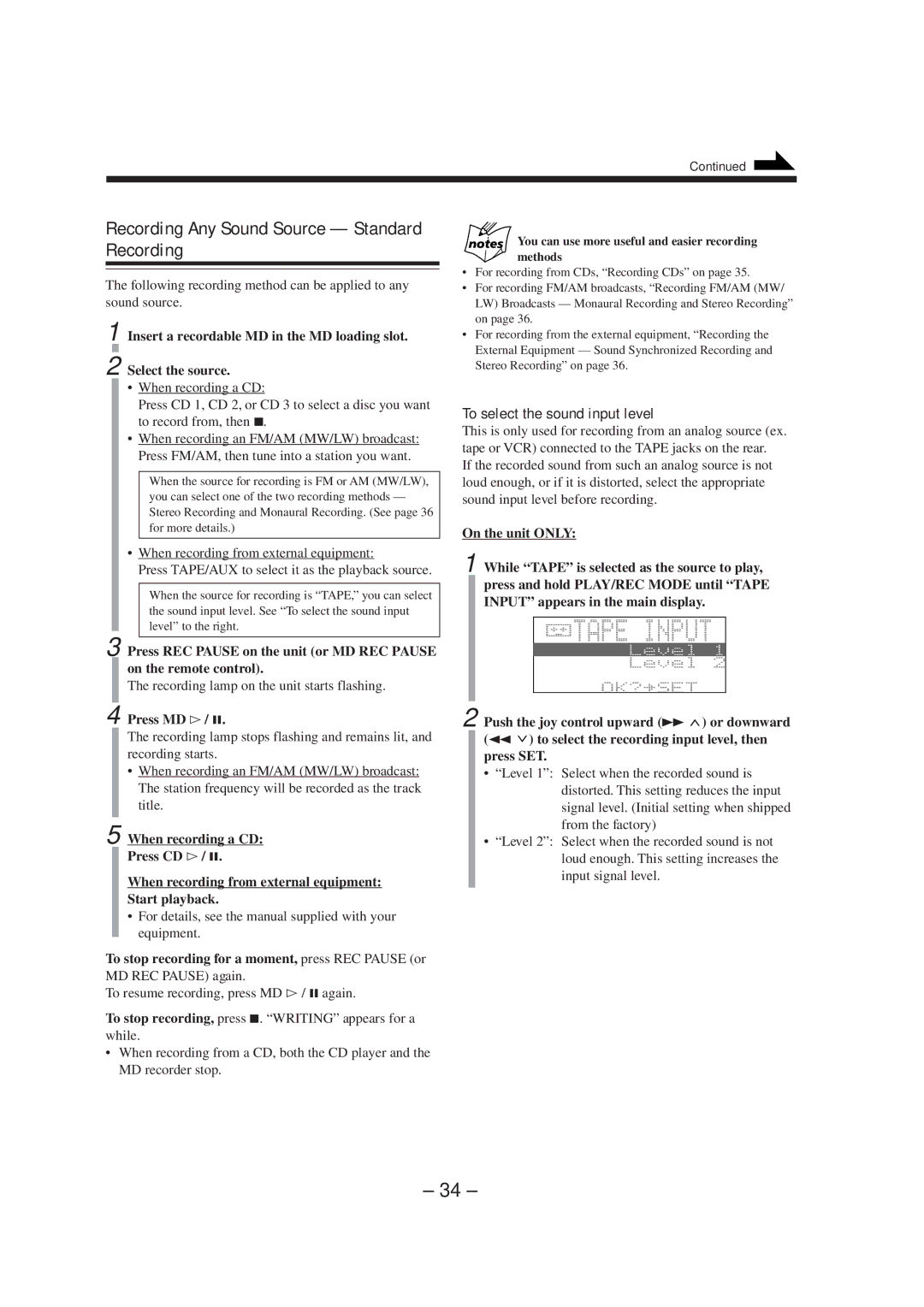 JVC CA-MXS5RMD manual Recording Any Sound Source Standard Recording, To select the sound input level 