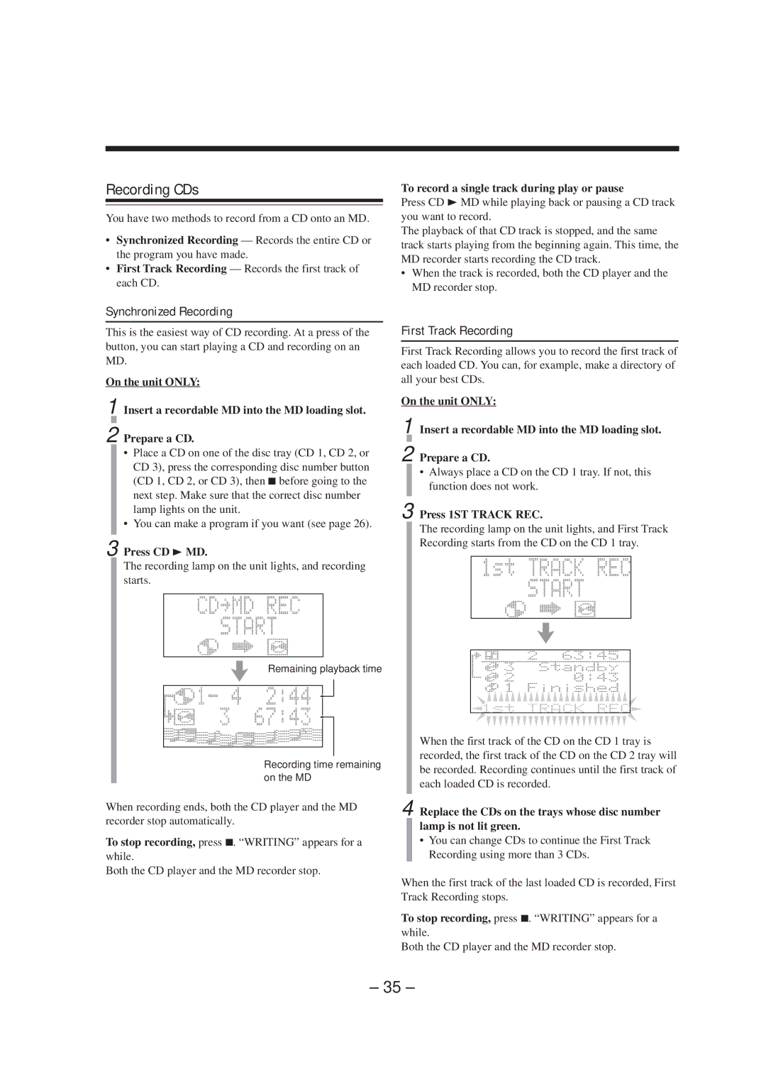 JVC CA-MXS5RMD manual Recording CDs, Synchronized Recording, First Track Recording 