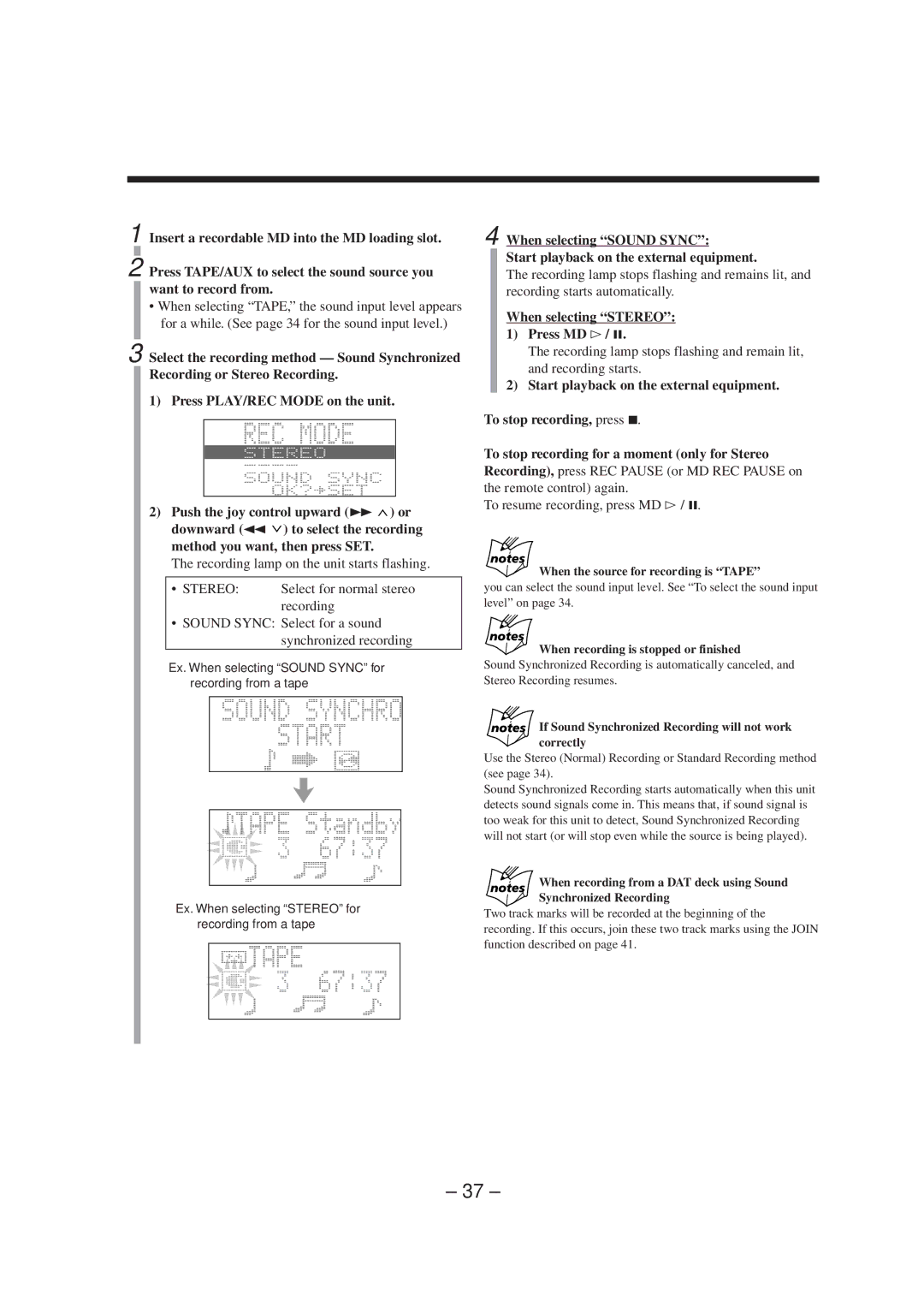 JVC CA-MXS5RMD manual Select for normal stereo, Recording, Sound Sync Select for a sound synchronized recording 