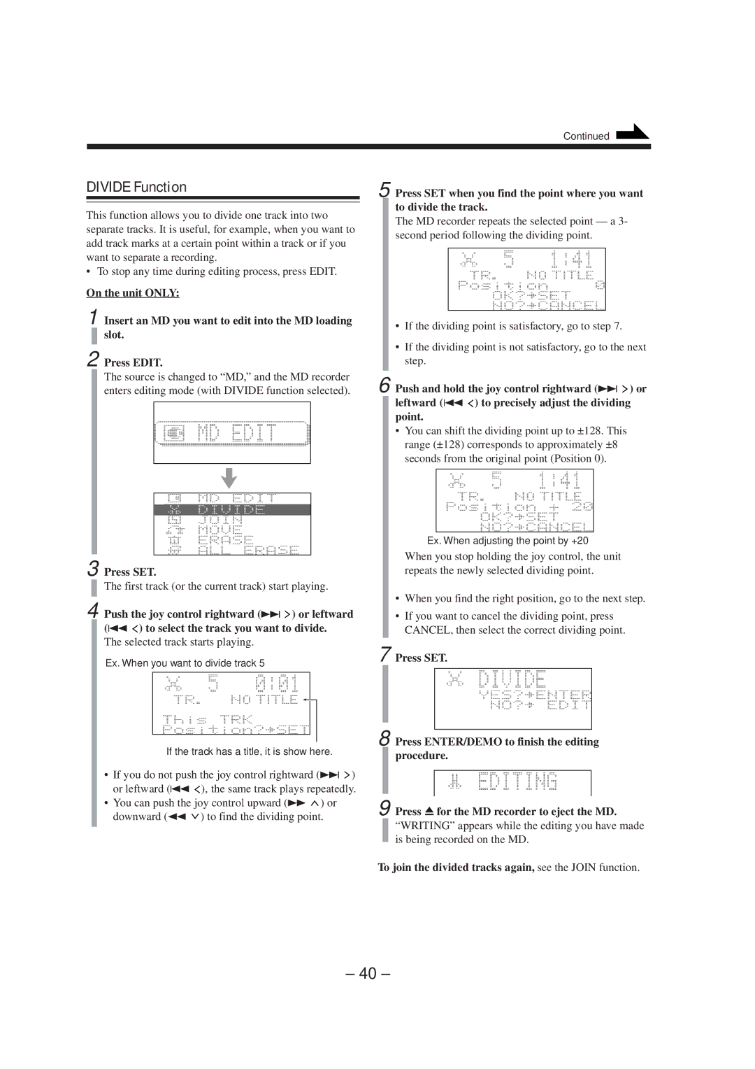 JVC CA-MXS5RMD manual Divide Function, First track or the current track start playing, Selected track starts playing 