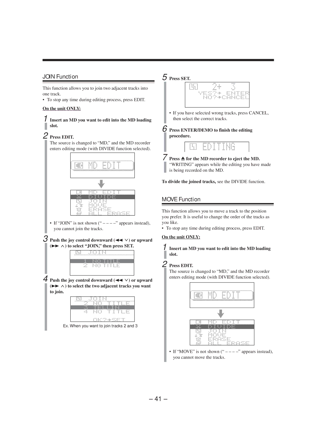 JVC CA-MXS5RMD manual Join Function, Move Function, To divide the joined tracks, see the Divide function 