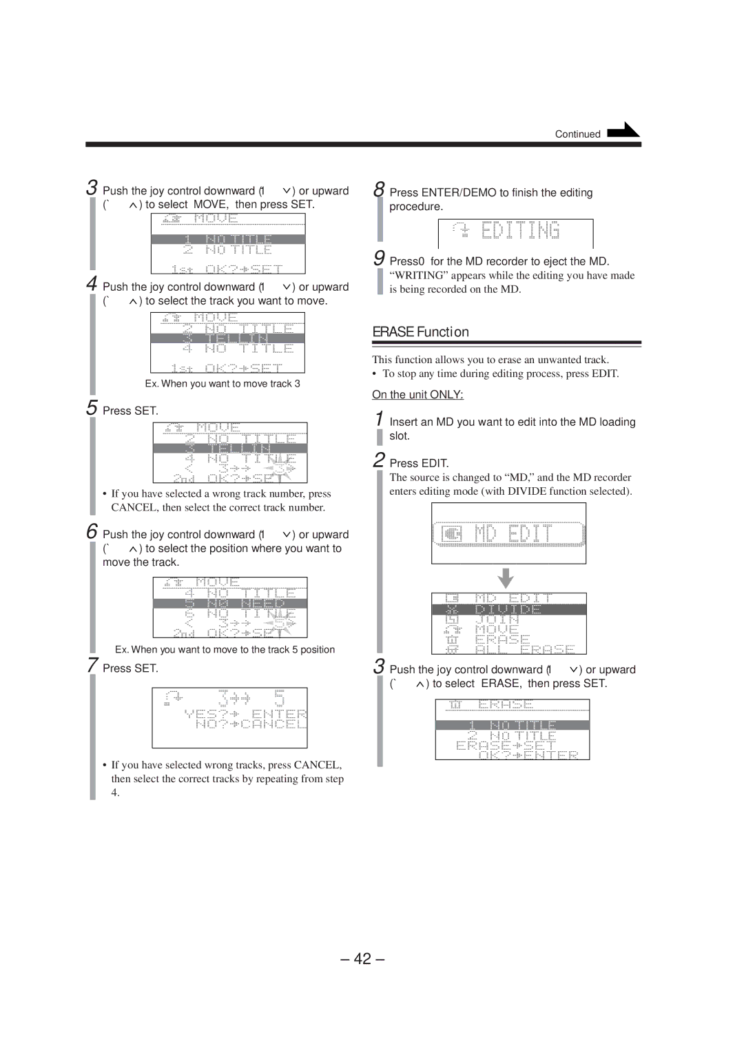 JVC CA-MXS5RMD manual Erase Function, Press SET On the unit only, Slot, Push the joy control downward 1 or upward 