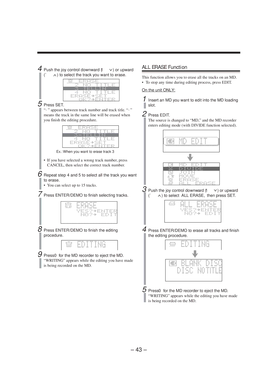 JVC CA-MXS5RMD ALL Erase Function, Repeat and 5 to select all the track you want to erase, You can select up to 15 tracks 