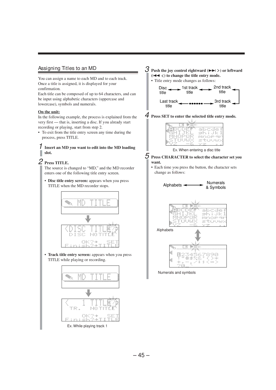 JVC CA-MXS5RMD manual Assigning Titles to an MD, Title entry mode changes as follows, Title when the MD recorder stops 