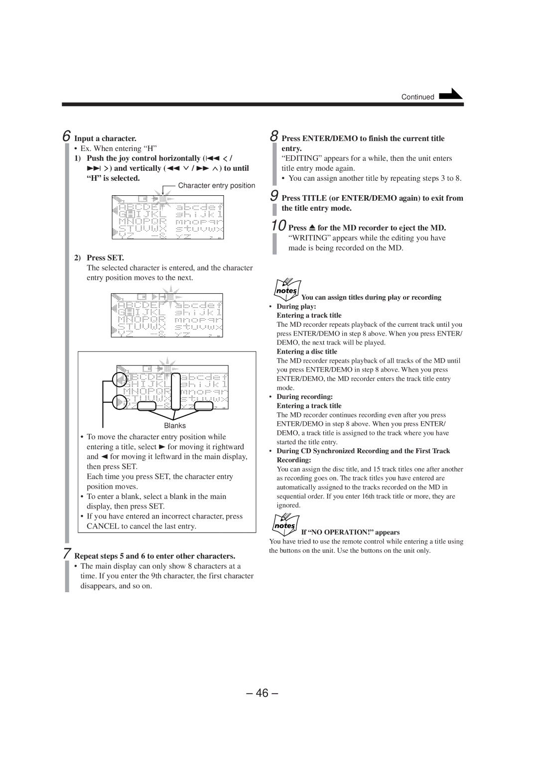 JVC CA-MXS5RMD manual Input a character, Ex. When entering H, Press ENTER/DEMO to finish the current title entry 