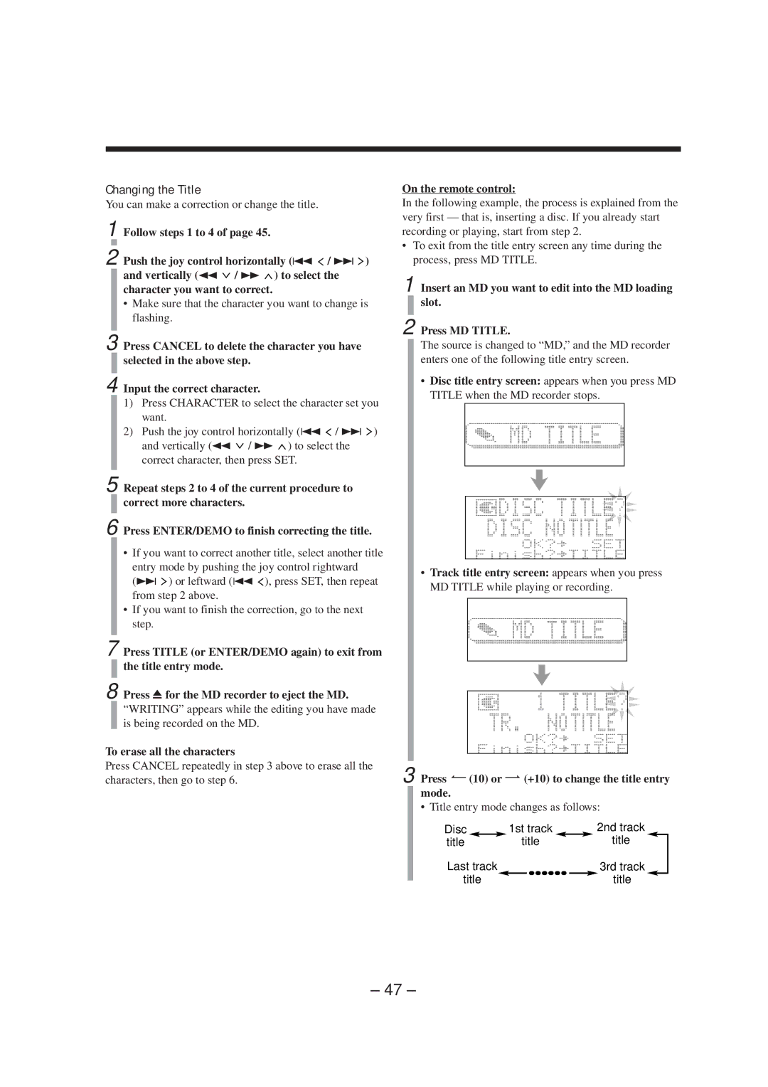 JVC CA-MXS5RMD manual Changing the Title, You can make a correction or change the title, To erase all the characters 