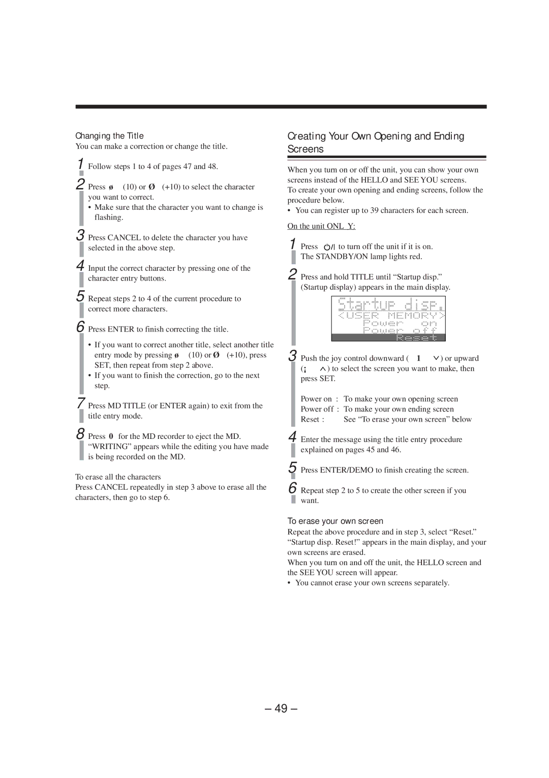 JVC CA-MXS5RMD manual Creating Your Own Opening and Ending Screens, To erase your own screen, STANDBY/ON lamp lights red 