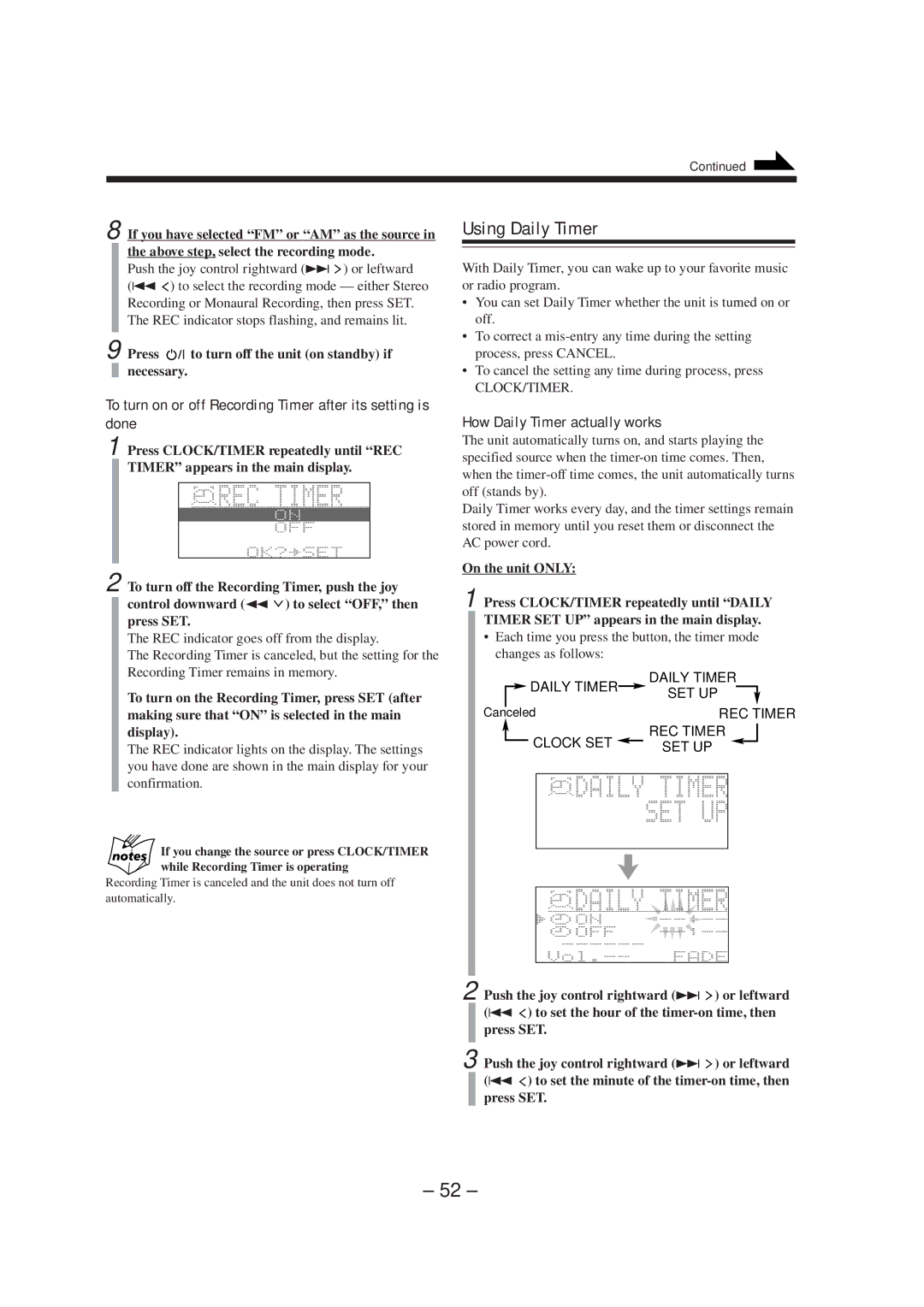 JVC CA-MXS5RMD manual Using Daily Timer, To turn on or off Recording Timer after its setting is done 