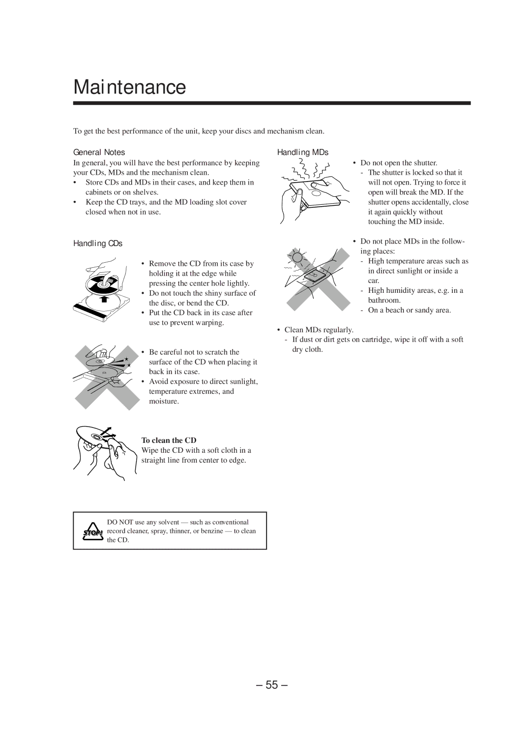 JVC CA-MXS5RMD manual Maintenance, General Notes, Handling CDs, Handling MDs, To clean the CD 