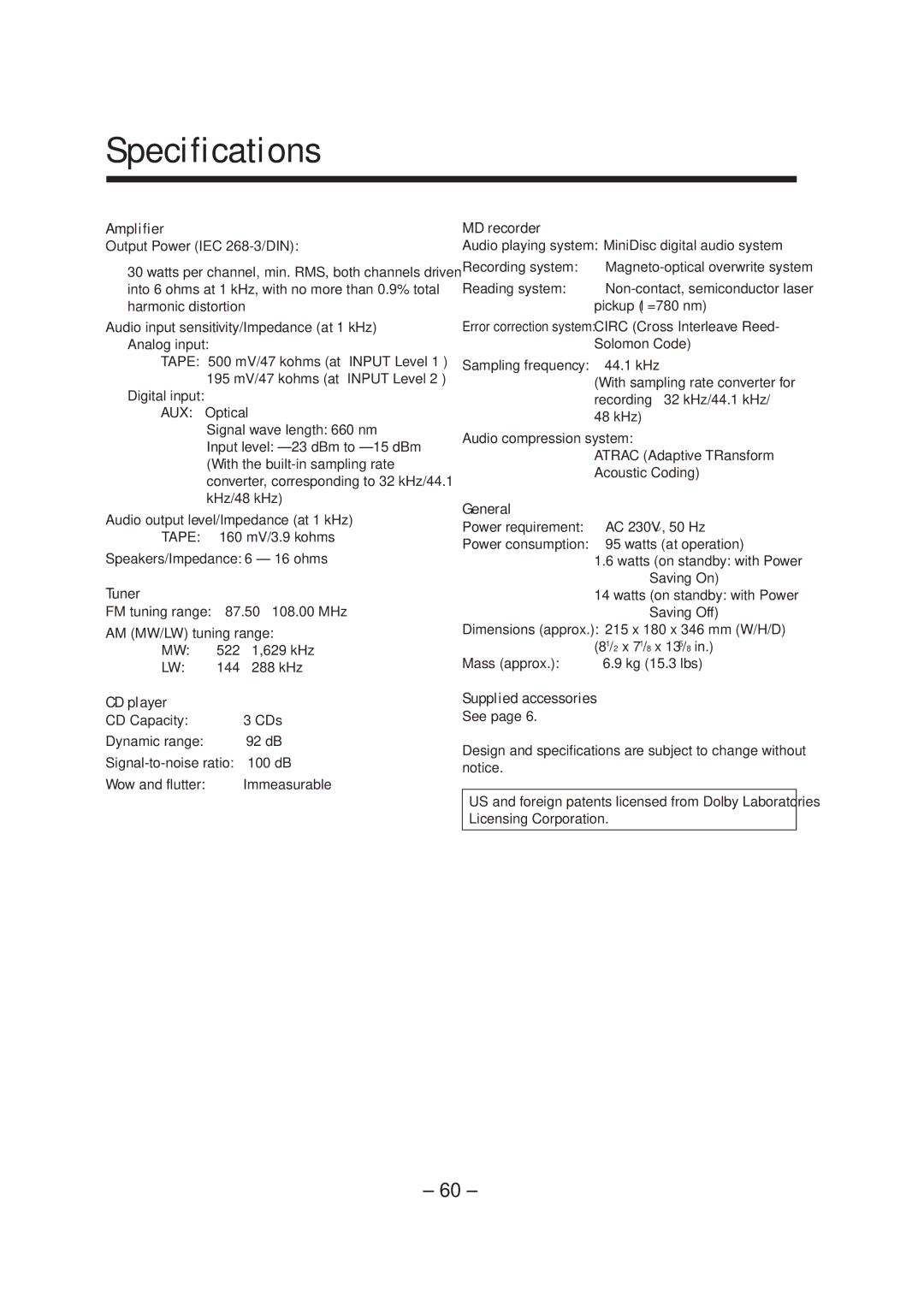 JVC CA-MXS5RMD manual Specifications 