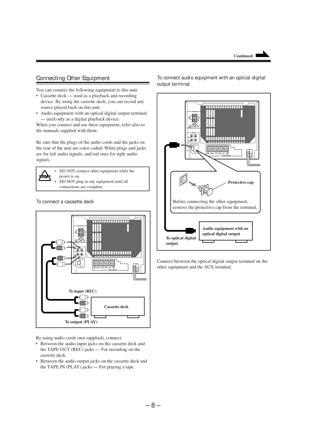 JVC CA-MXS5RMDB manual Connecting Other Equipment, To connect a cassette deck 