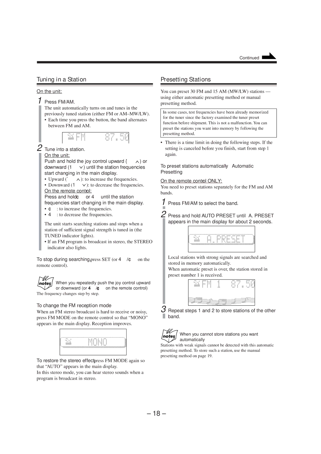 JVC CA-MXS5RMDB manual Tuning in a Station, Presetting Stations, To change the FM reception mode 