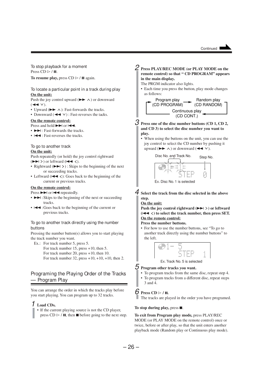 JVC CA-MXS5RMDB manual Program Play, To stop playback for a moment, To go to another track 