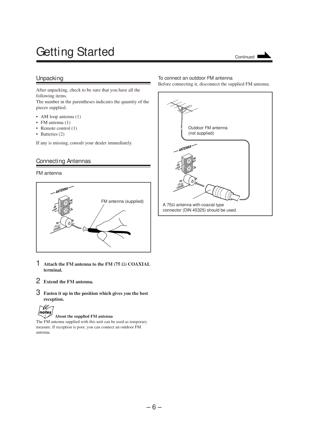 JVC CA-MXS5RMDB manual Getting Started, Unpacking, Connecting Antennas, To connect an outdoor FM antenna 