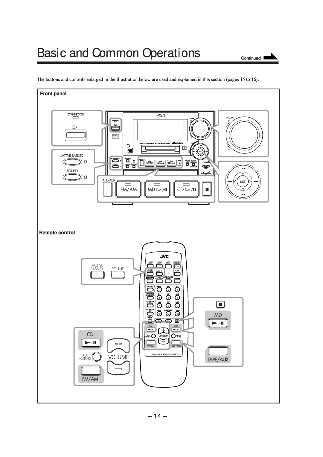JVC CA-MXS5RMDB manual Basic and Common Operations, Front panel, Remote control, Continued 