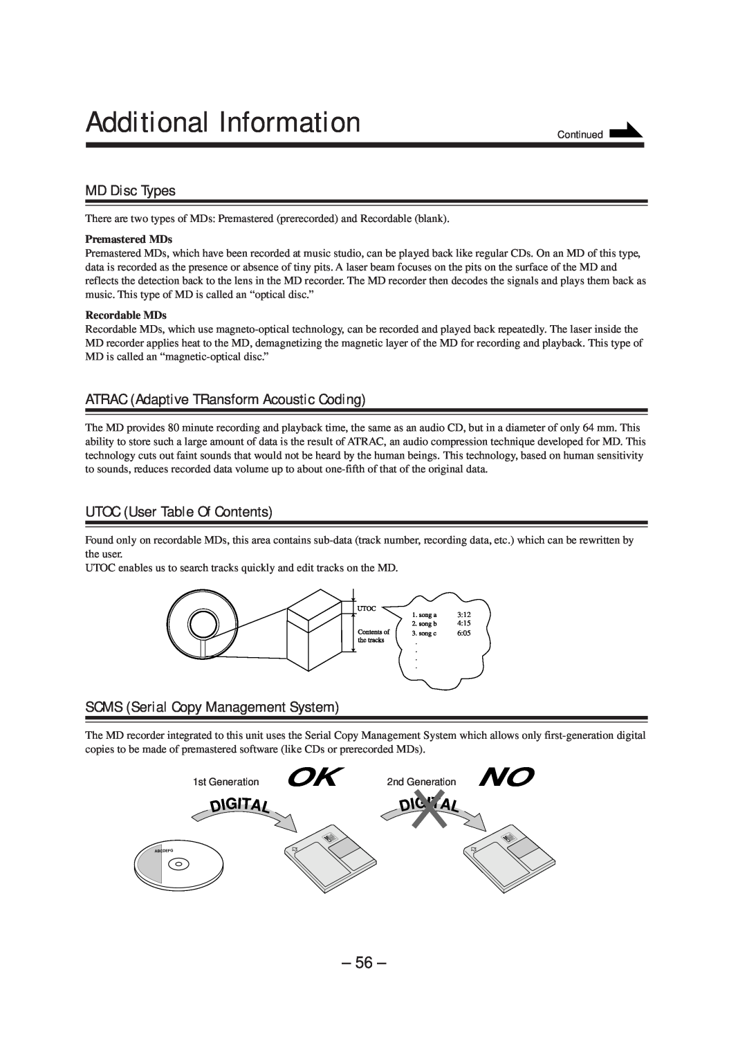 JVC CA-MXS5RMDB manual Additional Information, MD Disc Types, ATRAC Adaptive TRansform Acoustic Coding 