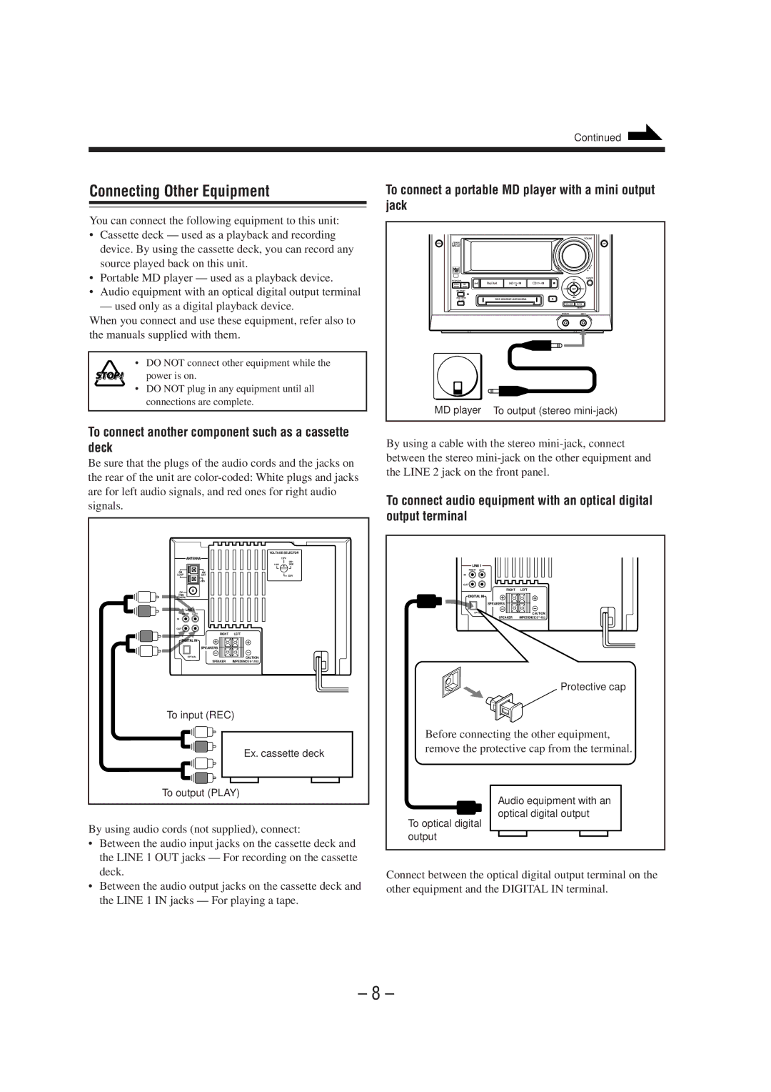 JVC CA-MXS6MD manual Connecting Other Equipment, To connect a portable MD player with a mini output jack 